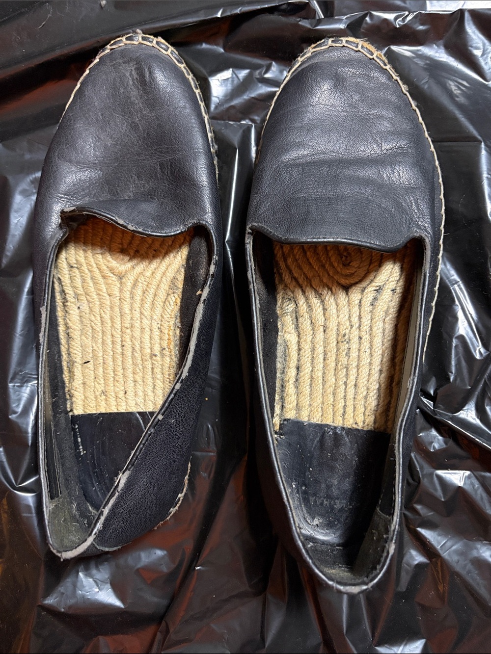 Cole Haan Black Leather Espadrille Flats with Natural Rope Insole